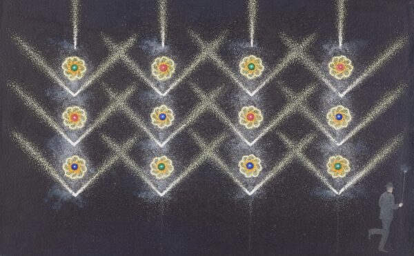 Gouache painting of a fireworks display