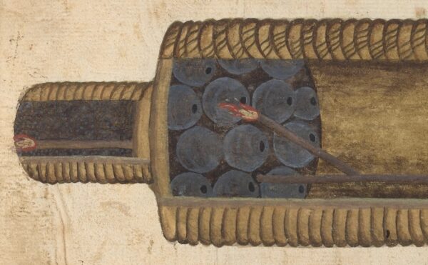 A drawing illustrating the cross-section of an ancient cannon or firework device, connected to the history of fireworks.