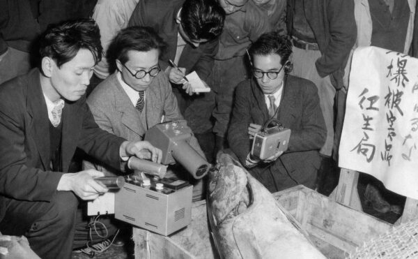A group of men gathered around a large fish in a crate