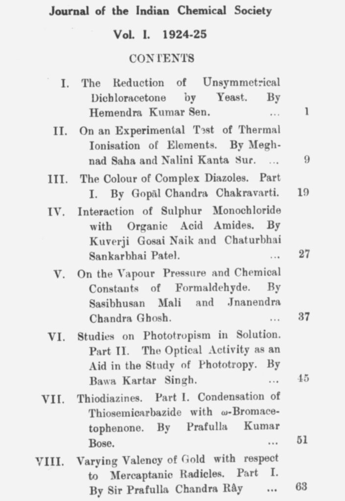 table of contents from the Quarterly Journal of the Indian Chemical Society