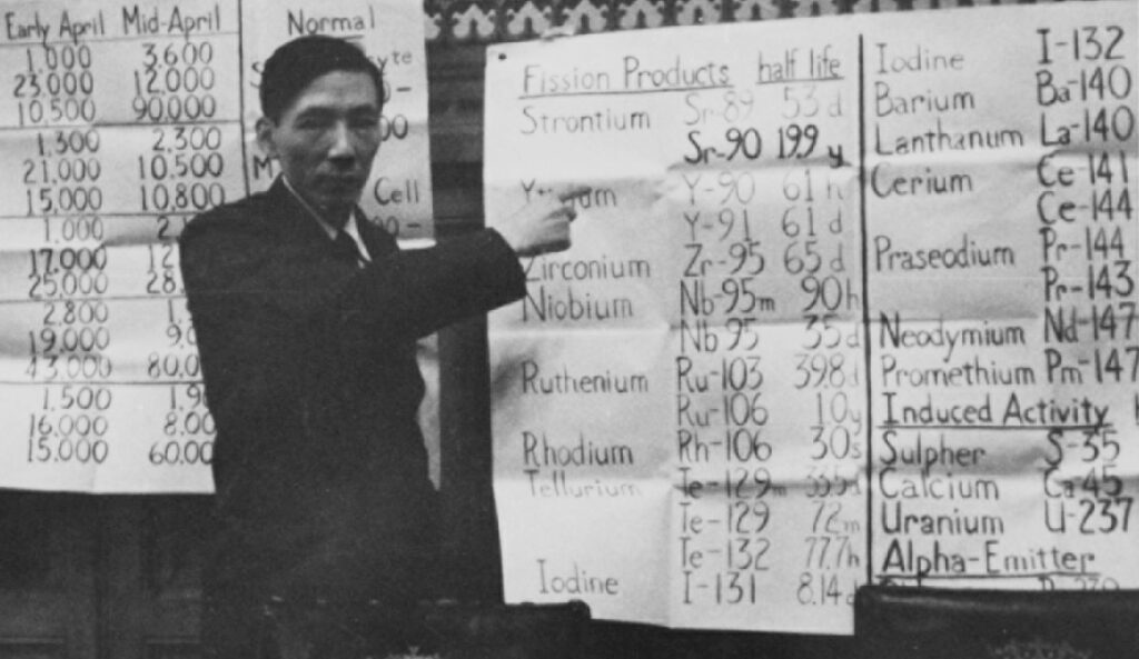 A man pointing to a poster featuring a list of various chemical isotopes found in radioactive fallout.