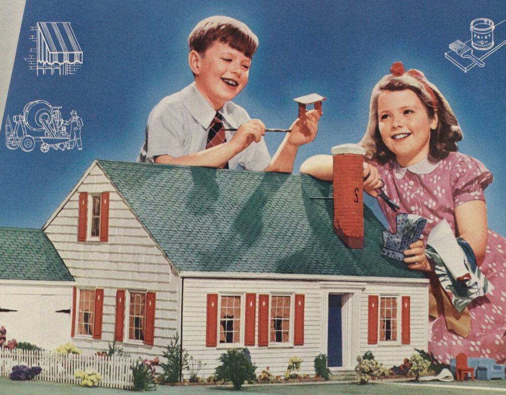 color ad depicting a boy and girl and a house