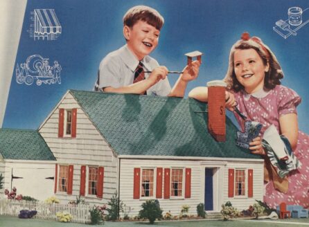 color ad depicting a boy and girl and a house