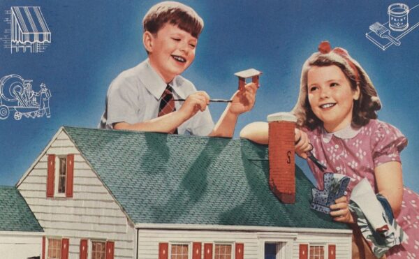 color ad depicting a boy and girl and a house