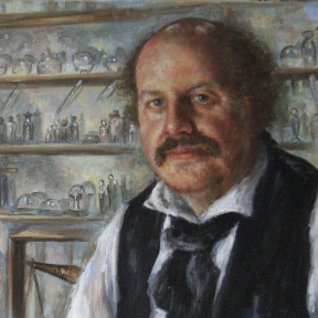 painting of a man with mustache wearing a tie