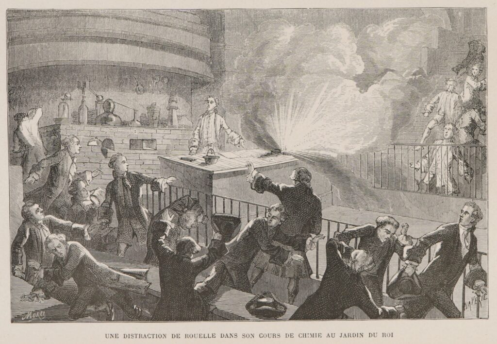 Illustration depicting several men in a lab and an exploding experiment