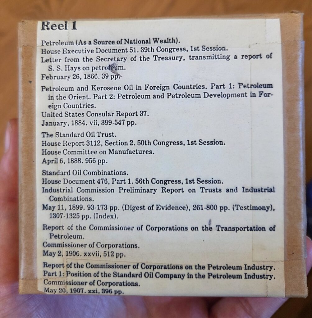 typed list of contents of a microfilm reel