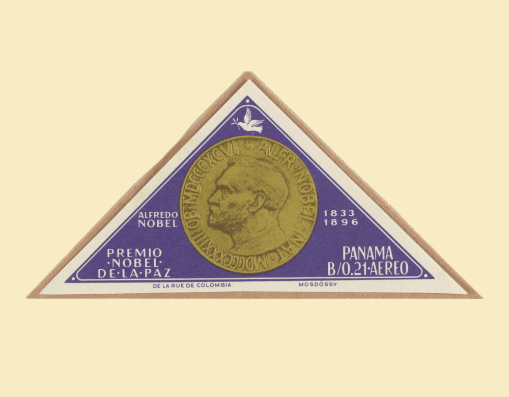 A stamp with a coin featuring Alfred Nobel's profile