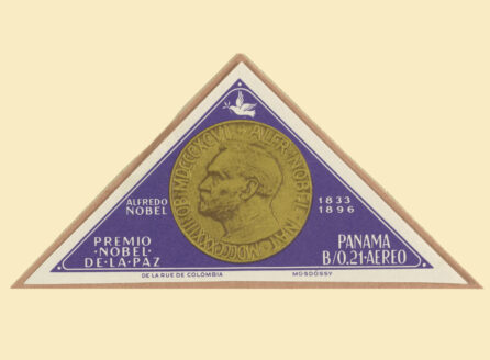 A stamp with a coin featuring Alfred Nobel's profile
