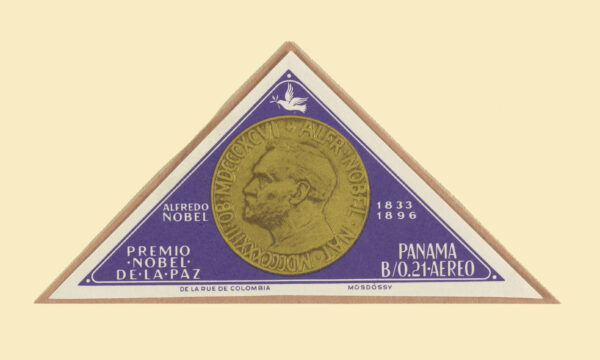 A stamp with a coin featuring Alfred Nobel's profile