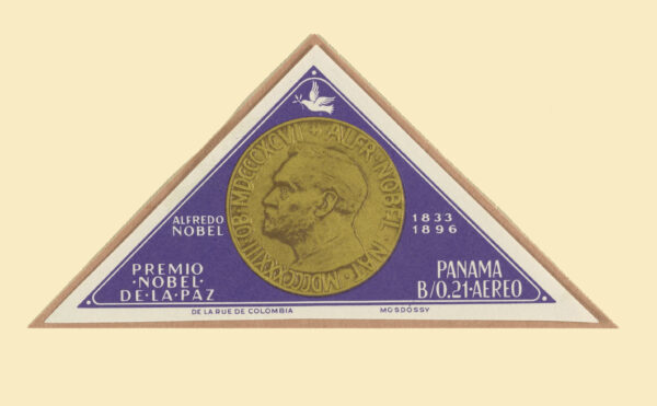 A stamp with a coin featuring Alfred Nobel's profile