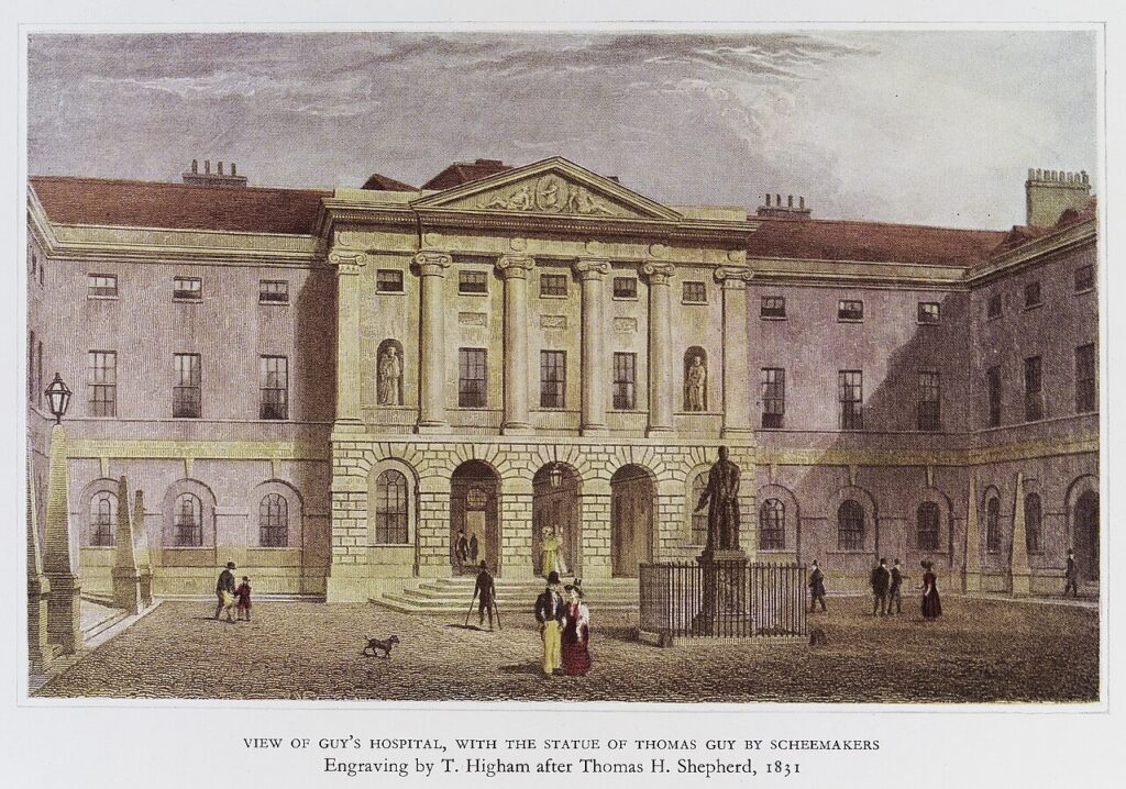 illustration of the outside of a building and courtyard