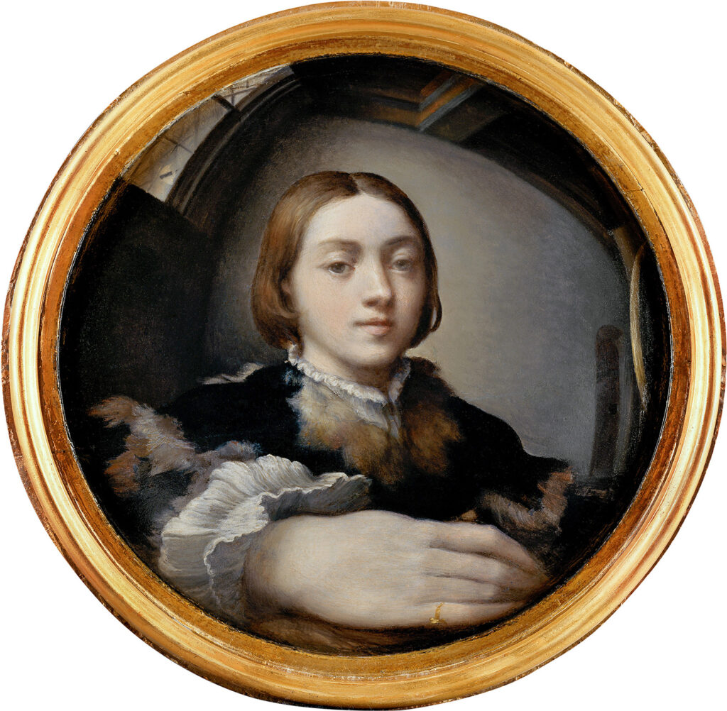 Circular painting of a young Renaissance-era man in a room with a window. Elements around the outer portions of the painting appear larger and distorted.