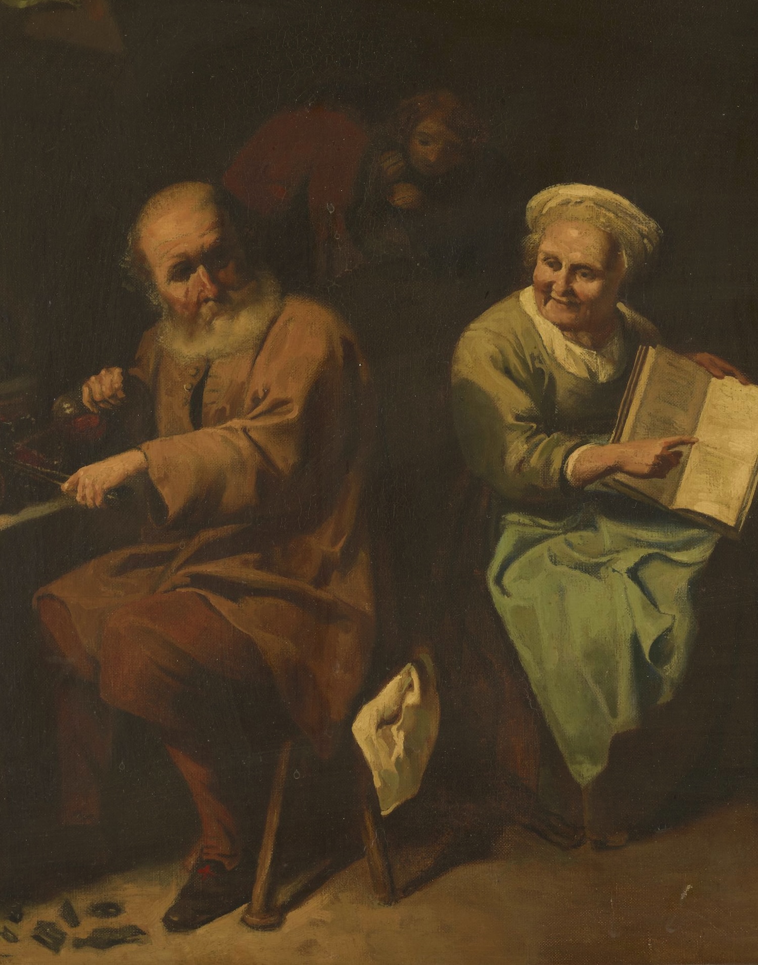 painting of an alchemist and his wife seated in a laboratory