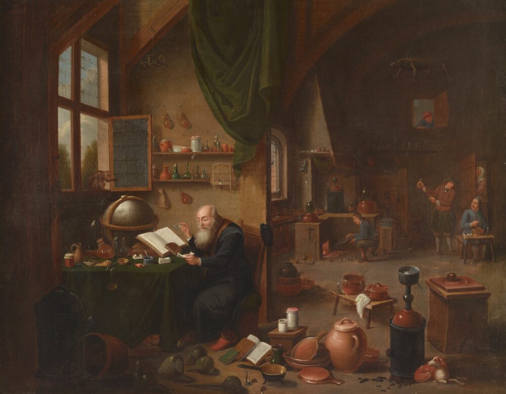 painting of an alchemist in his laboratory with a monkey sitting on the window sill