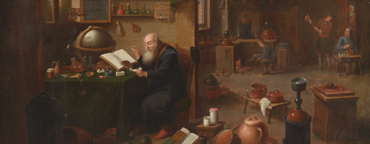 painting of an alchemist in his laboratory with a monkey sitting on the window sill