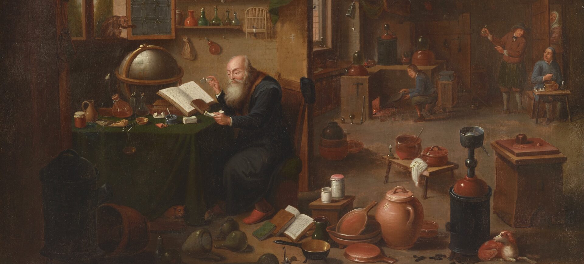 painting of an alchemist in his laboratory with a monkey sitting on the window sill