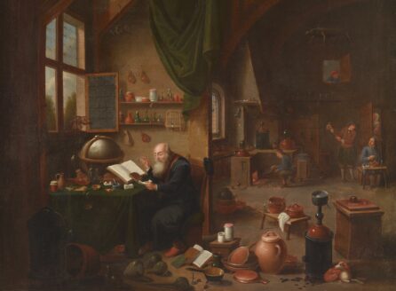 painting of an alchemist in his laboratory with a monkey sitting on the window sill