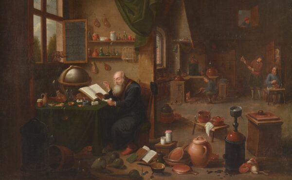 painting of an alchemist in his laboratory with a monkey sitting on the window sill