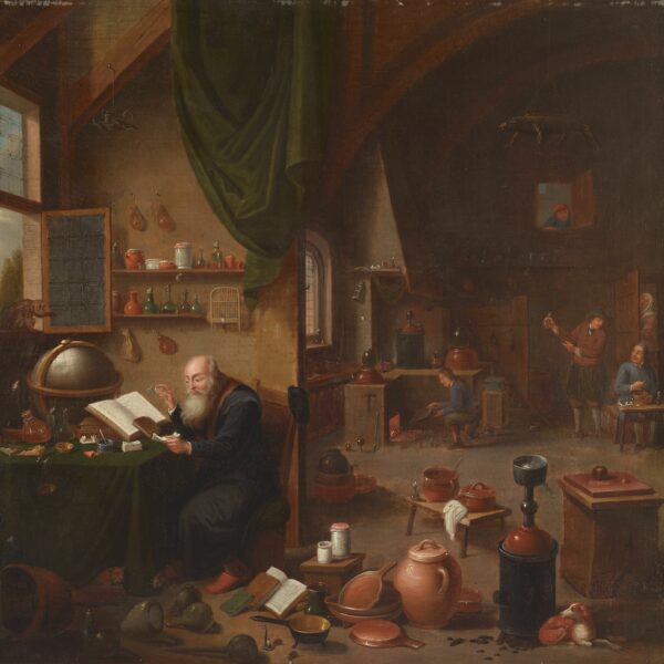 painting of an alchemist in his laboratory with a monkey sitting on the window sill