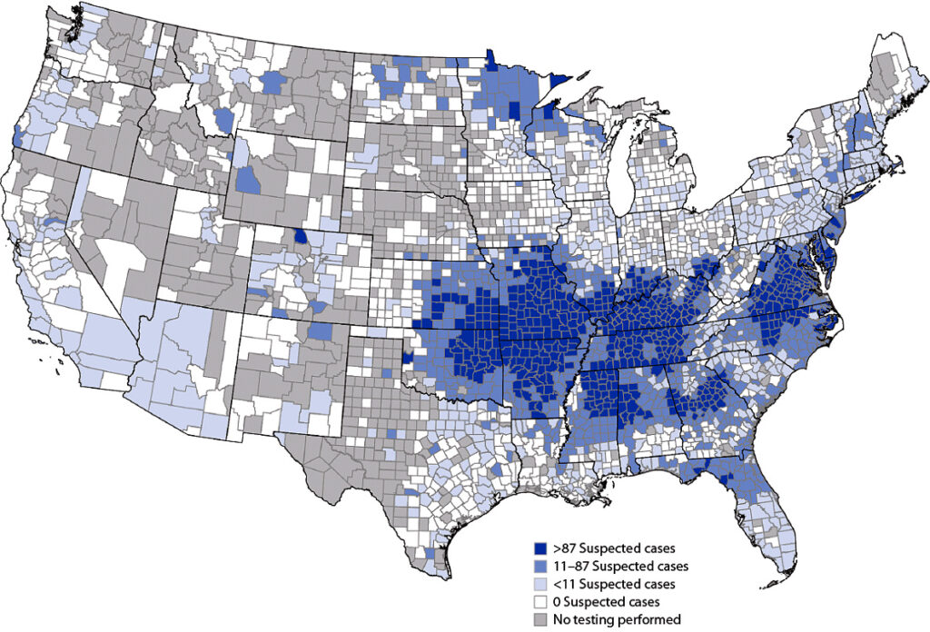 Map of the United States with blue shading concentrated in the eastern half of the country. The darkest blue areas are in the central and southeastern regions