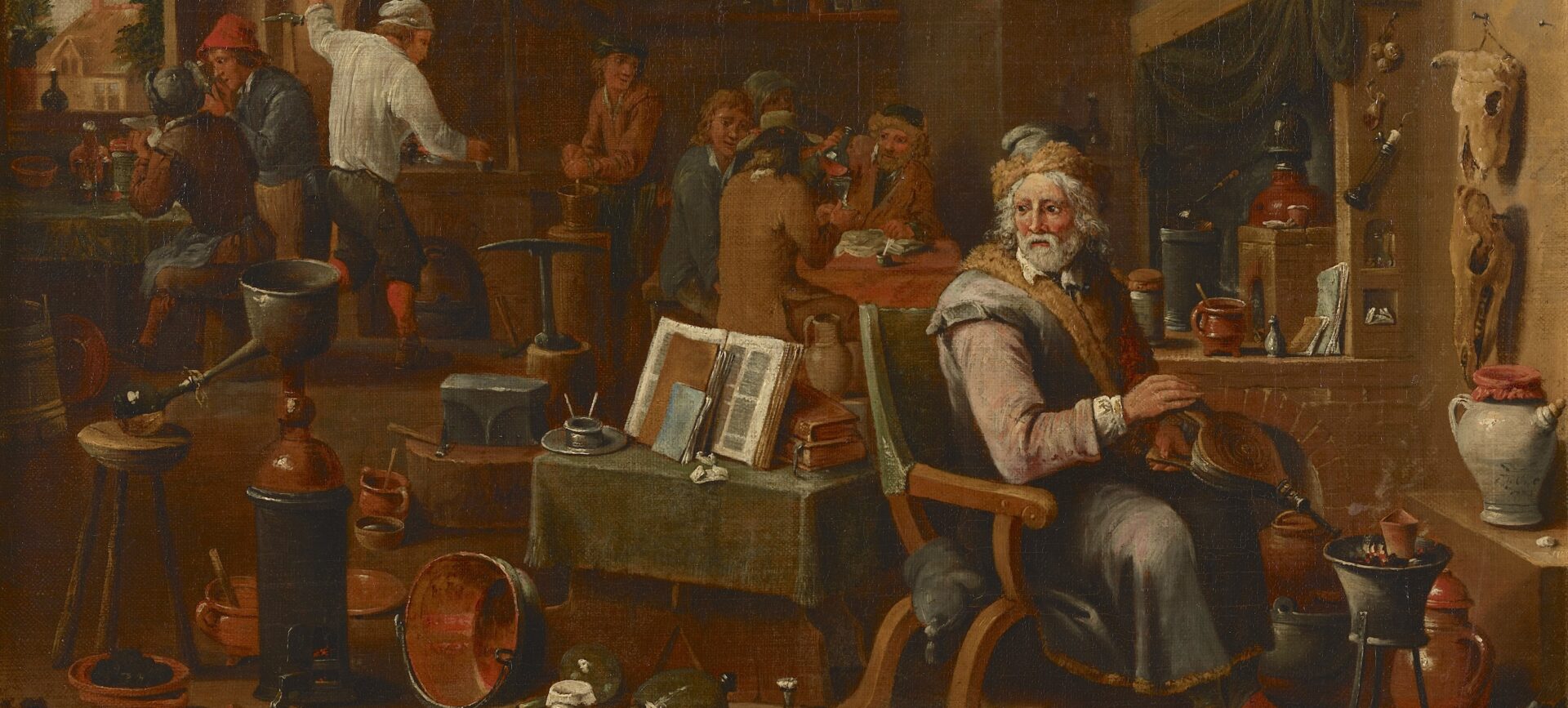 oil painting showing an alchemist in his lab