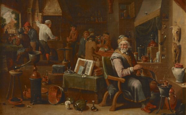 oil painting showing an alchemist in his lab