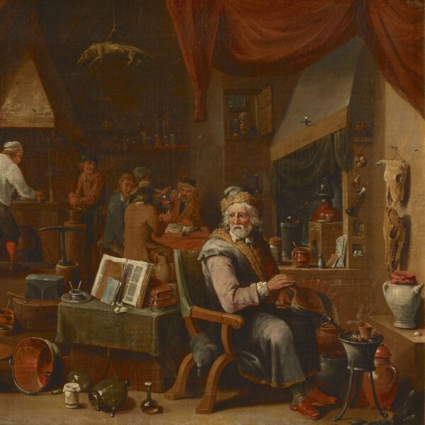 oil painting showing an alchemist in his lab