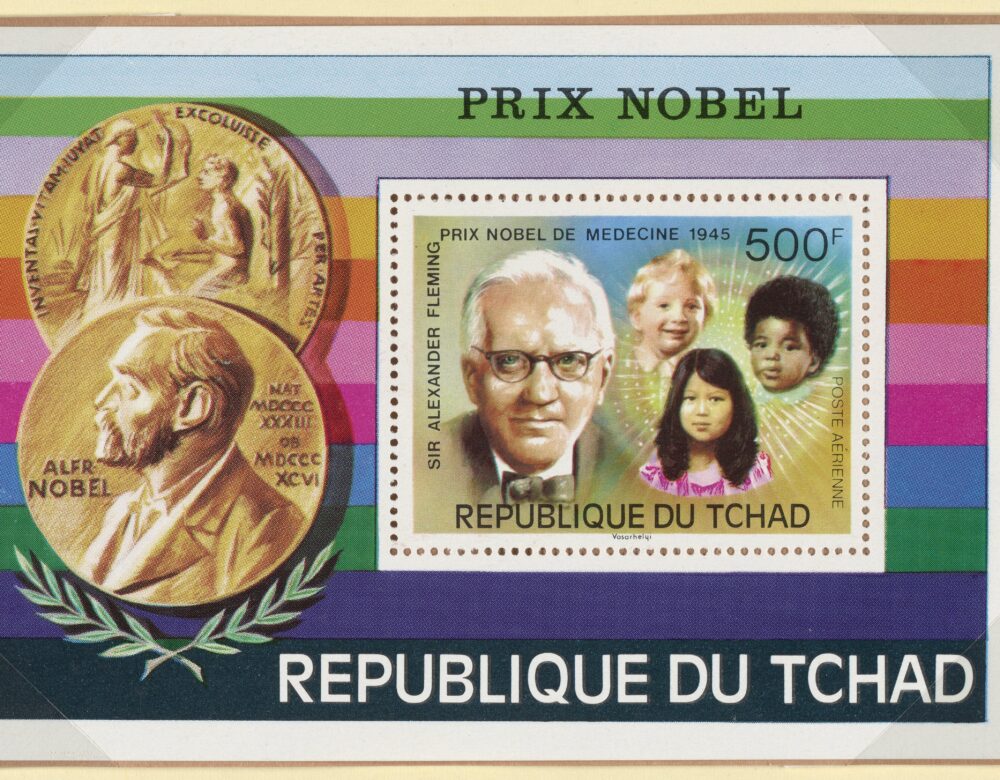 stamp showing Nobel Prize medal and Alexander Fleming and children, with colorful striped background