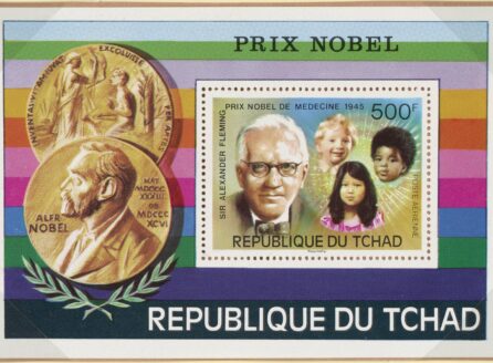 stamp showing Nobel Prize medal and Alexander Fleming and children, with colorful striped background