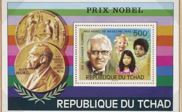 stamp showing Nobel Prize medal and Alexander Fleming and children, with colorful striped background