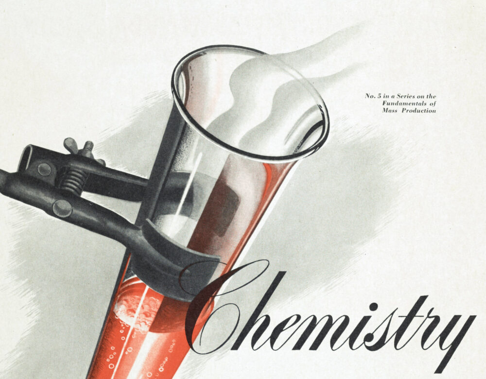 color magazine ad showing a test tube in a burette clamp
