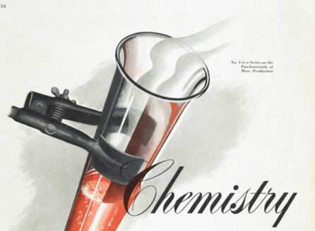 color magazine ad showing a test tube in a burette clamp