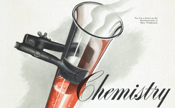 color magazine ad showing a test tube in a burette clamp