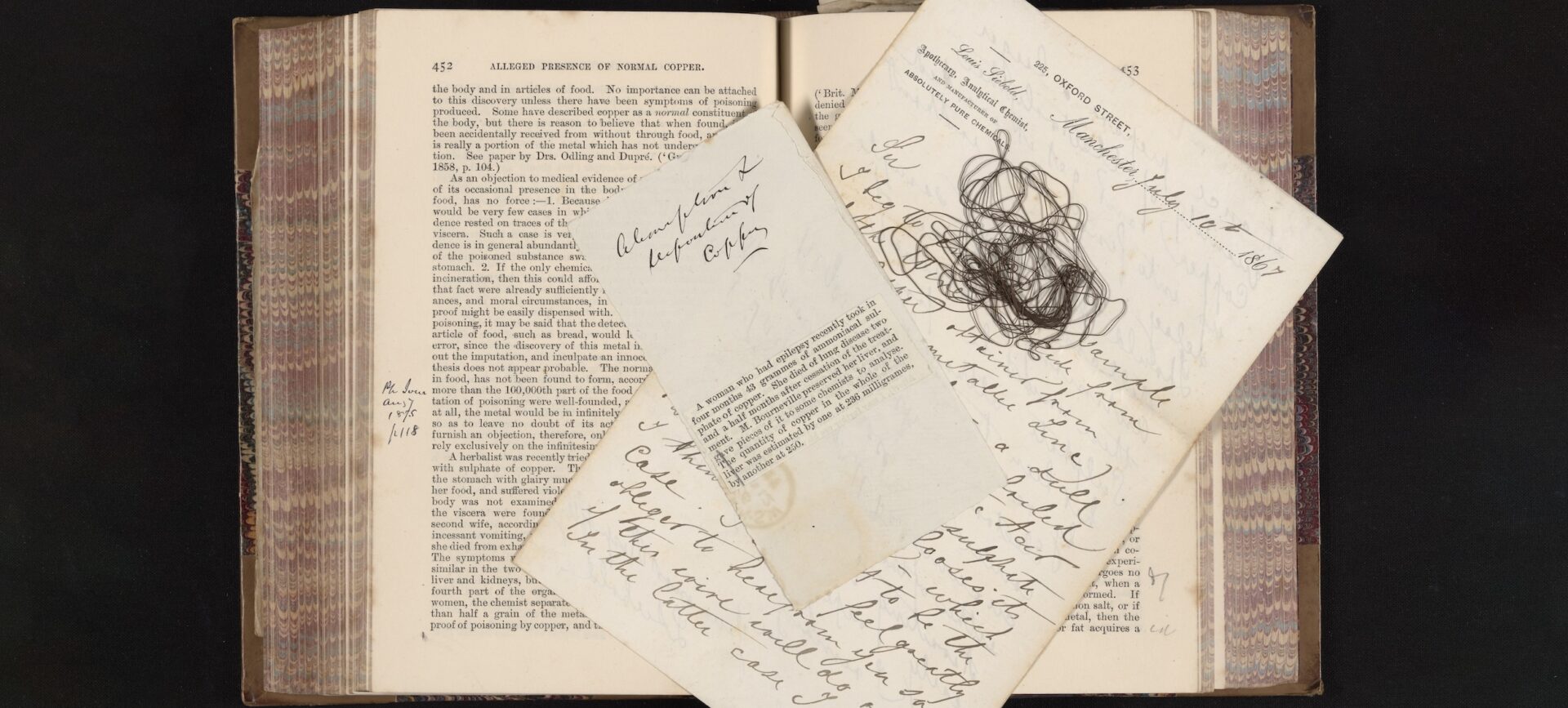 old book with newspaper clipping, wire, and handwritten notes on top of pages