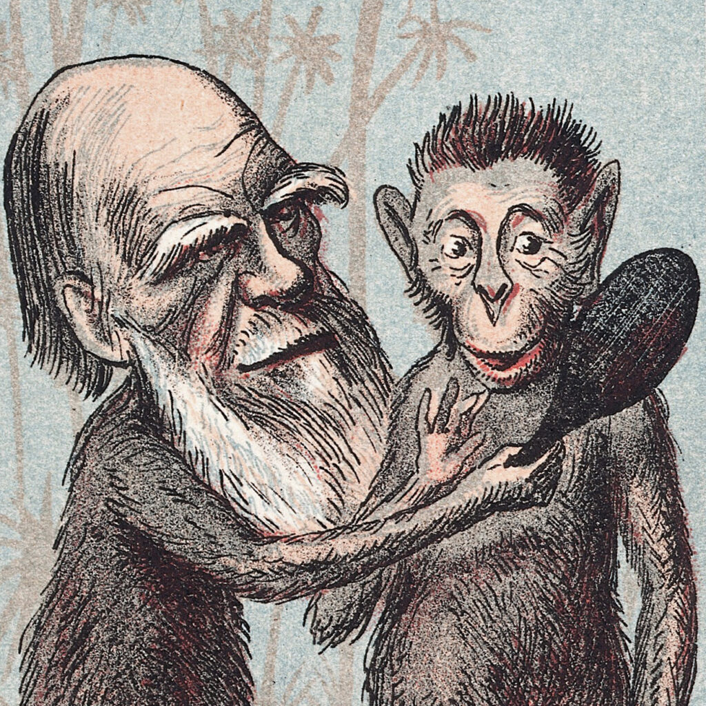 A bearded man covered in fur holding a mirror to an ape’s face.