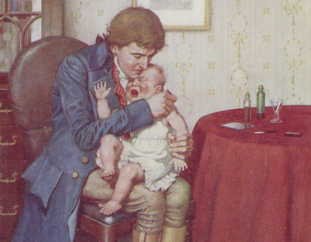 page of book with color illustration of a man giving a vaccine to a baby boy