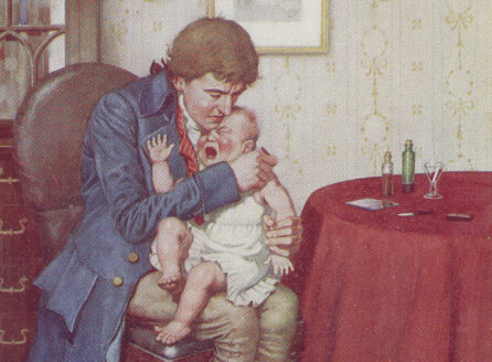 page of book with color illustration of a man giving a vaccine to a baby boy