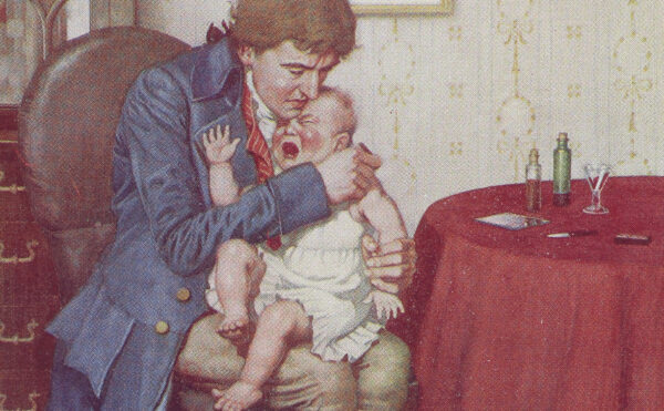 page of book with color illustration of a man giving a vaccine to a baby boy