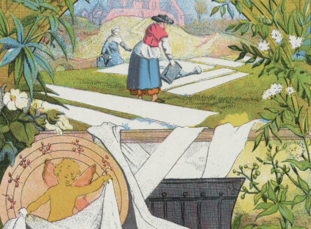 color illustration depicting bleaching textiles in an outdoor location