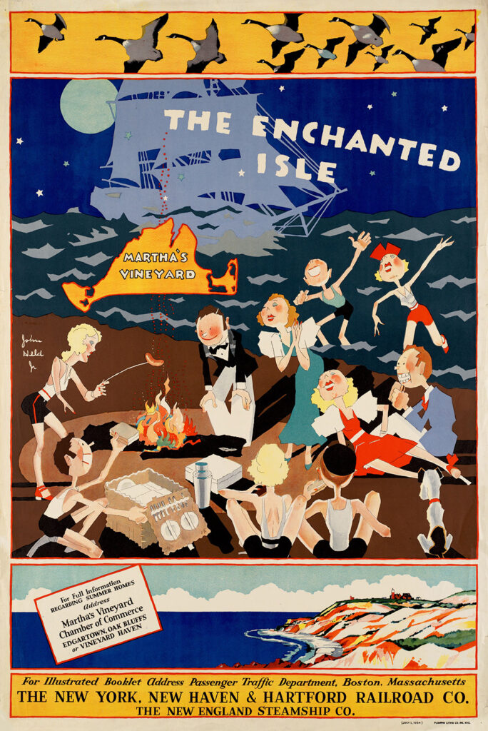 Illustrtated poster titled "The Enchanted Isle" featuring cartoon people barbecuing on a beach