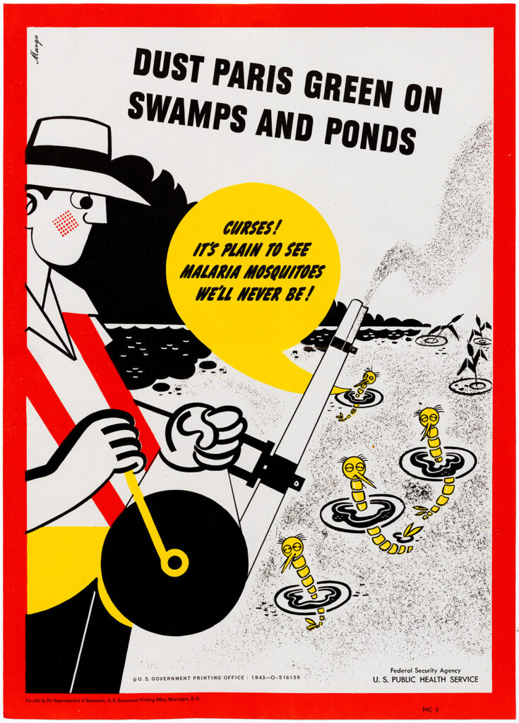 Cartoon poster of man spraying pond with mosquito larvae. Title reads, “Dust Paris green on swamps and ponds