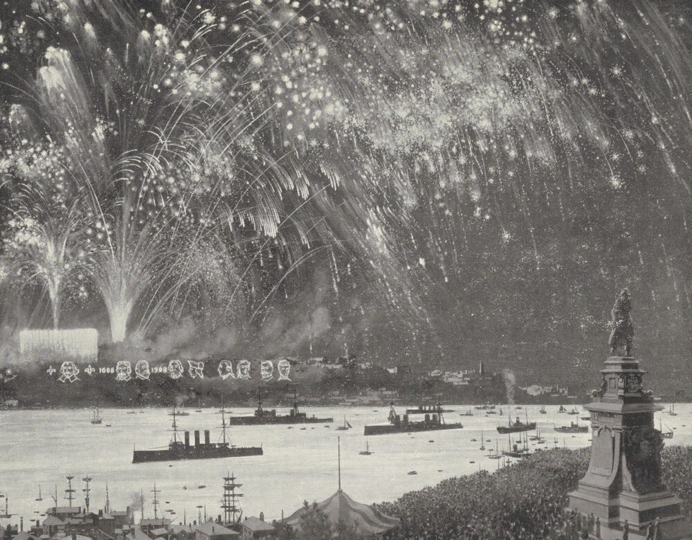 black and white illustration of fireworks display over the St. Laurence River, Quebec.