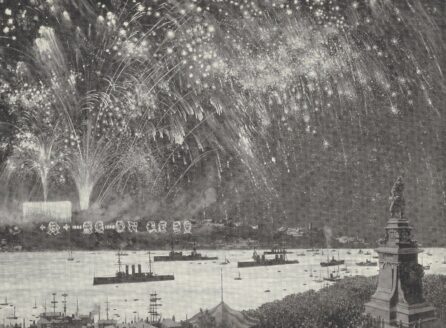 black and white illustration of fireworks display over the St. Laurence River, Quebec.