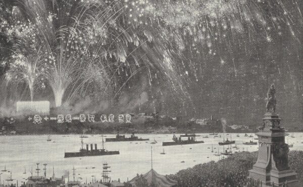 black and white illustration of fireworks display over the St. Laurence River, Quebec.