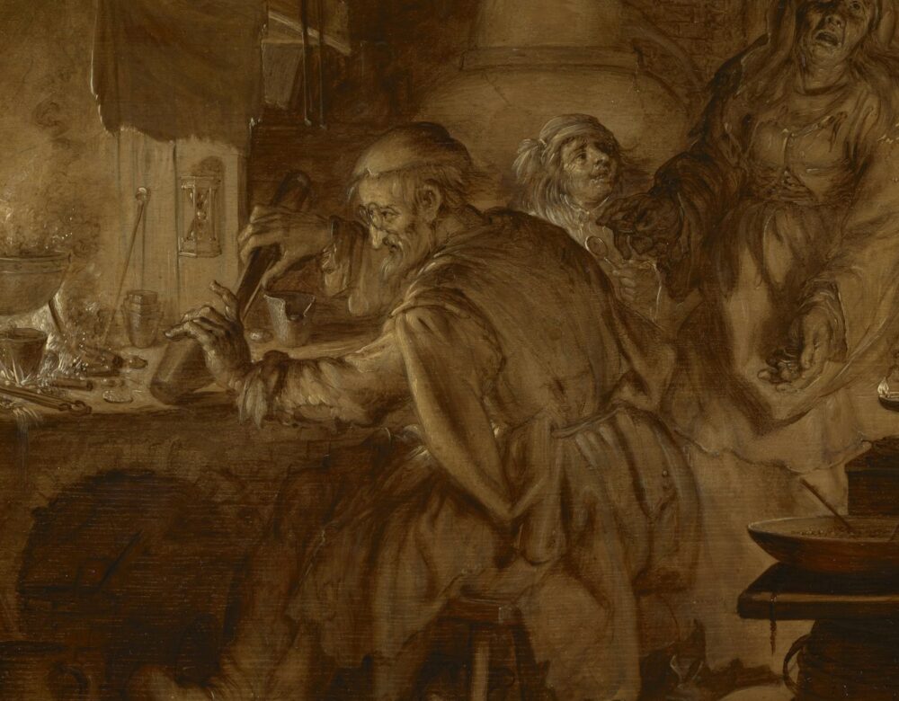 painting depicting a man seated at a table in a lab