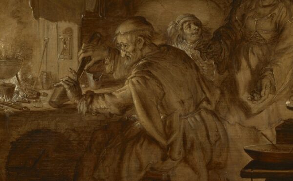 painting depicting a man seated at a table in a lab