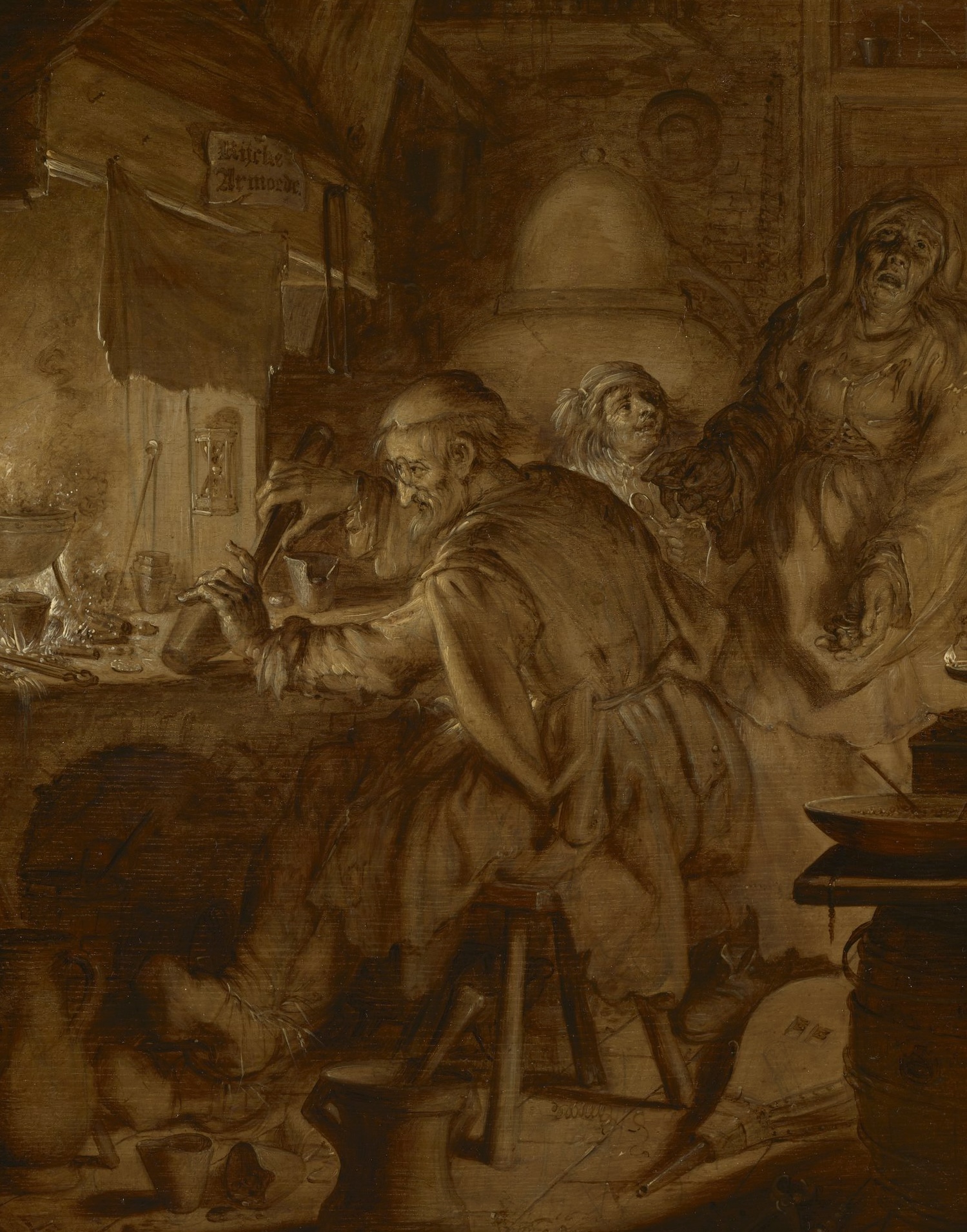 painting depicting a man seated at a table in a lab