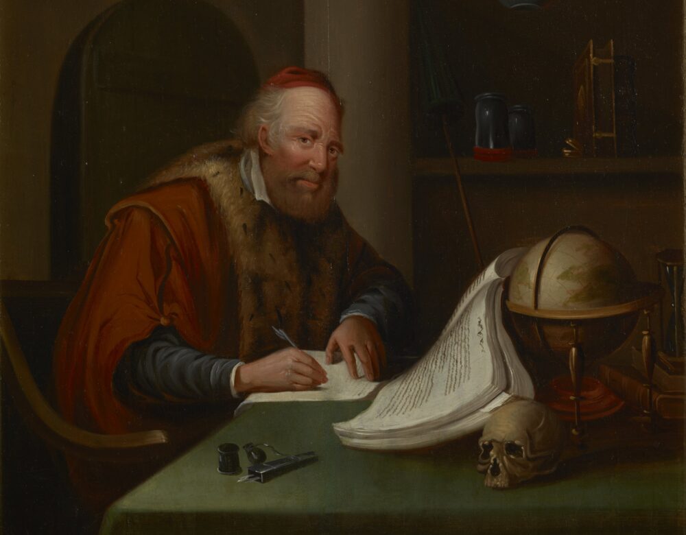 oil painting showing an alchemist/scholar at a desk