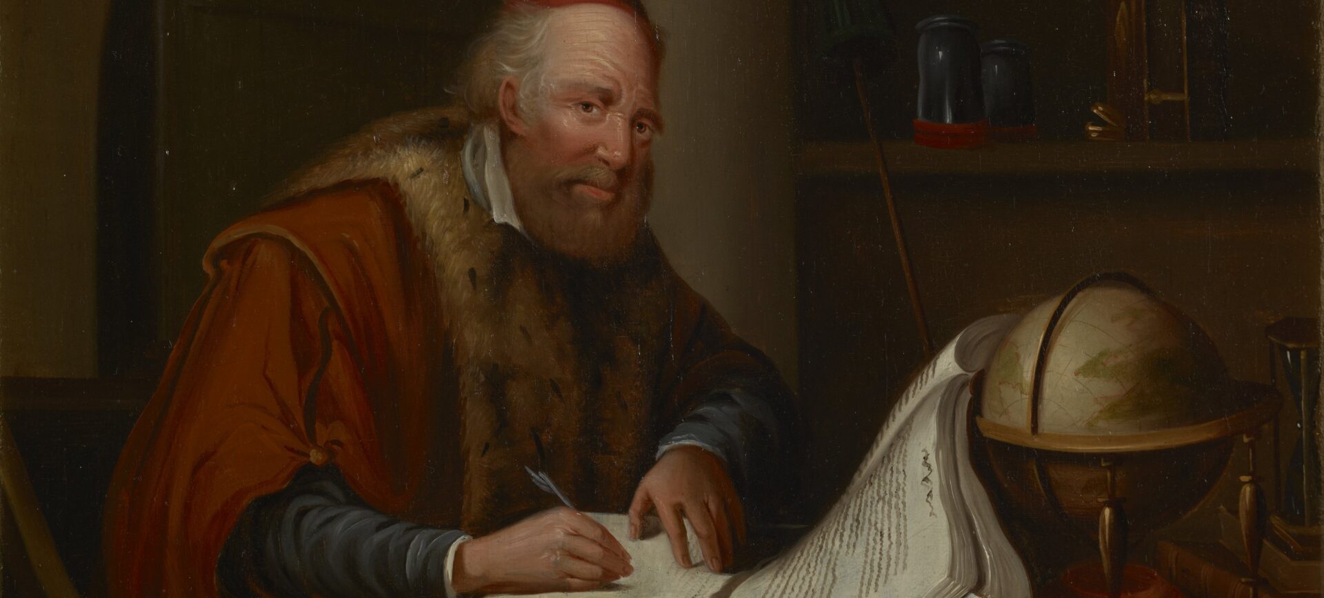 oil painting showing an alchemist/scholar at a desk